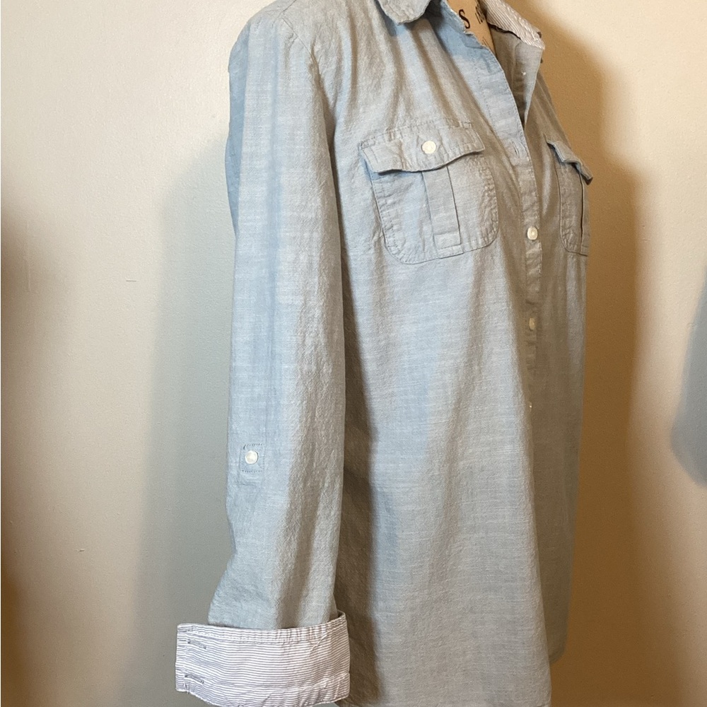 TOMMY HILFIGER WOMENS ROLL TAB SLEEVE BUTTON DOWN DENIM TOP 100% COTTON SZ LG
